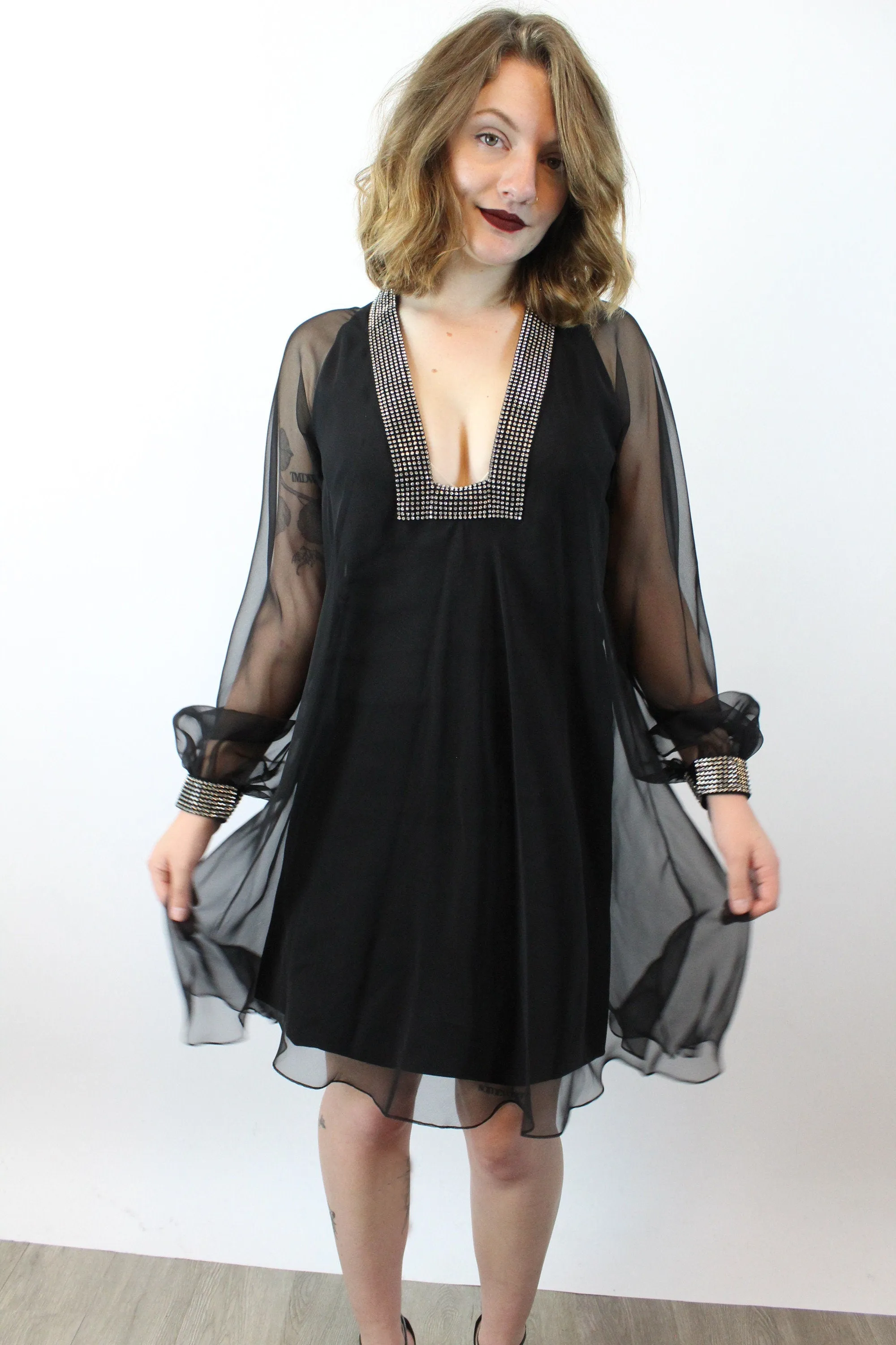 1960s ESTEVEZ plunge TRAPEZE dress rhinestones xs | new winter