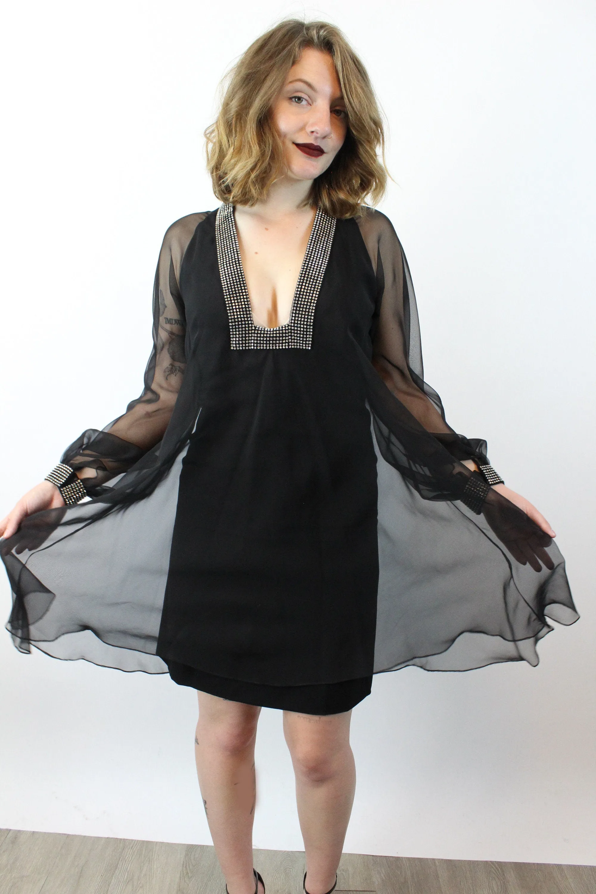1960s ESTEVEZ plunge TRAPEZE dress rhinestones xs | new winter