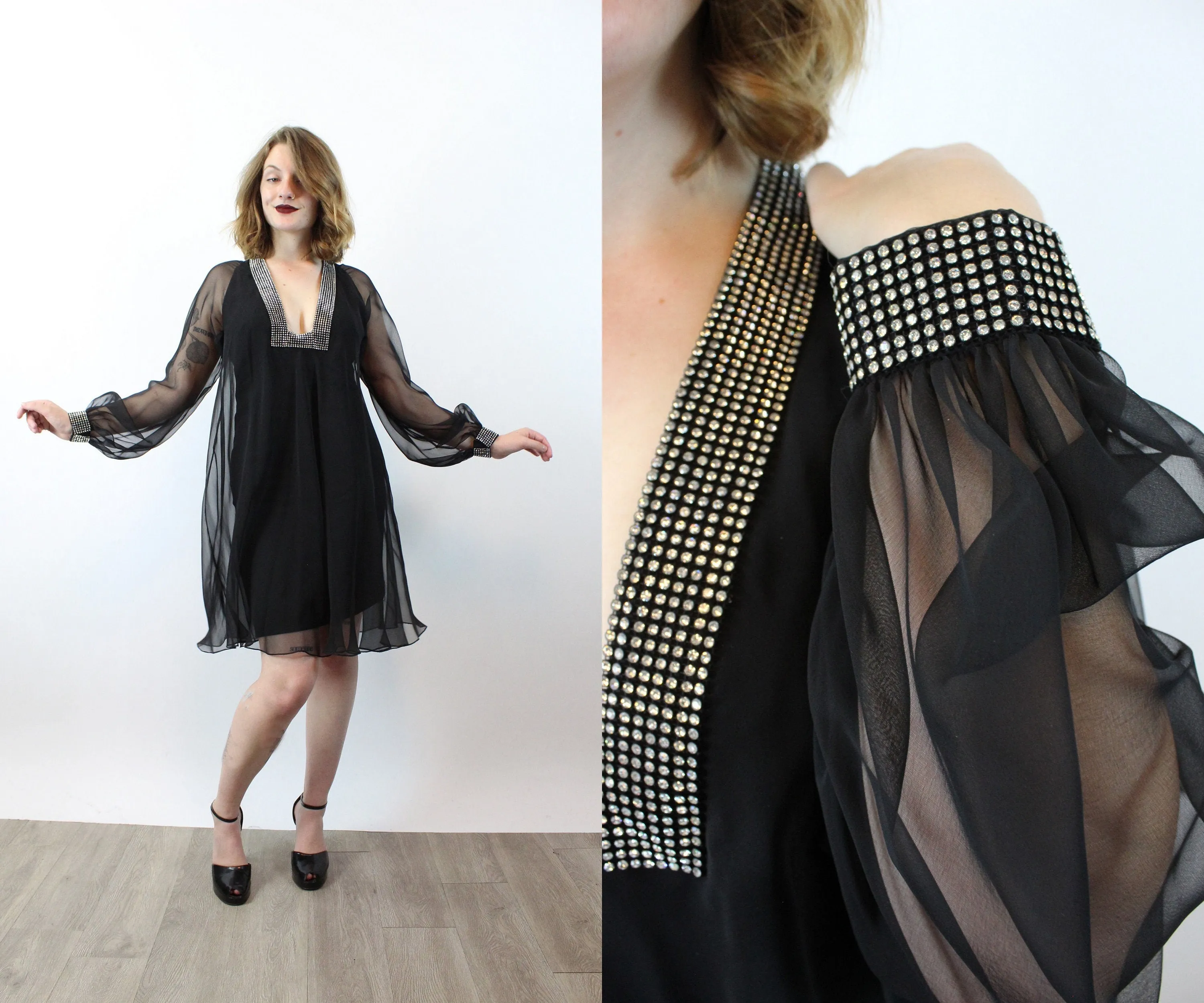 1960s ESTEVEZ plunge TRAPEZE dress rhinestones xs | new winter