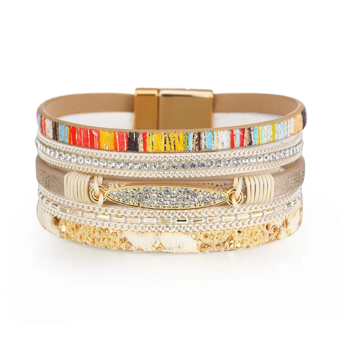 Beige Polystyrene & Cubic Zirconia 18K Gold-Plated Layered Bracelet