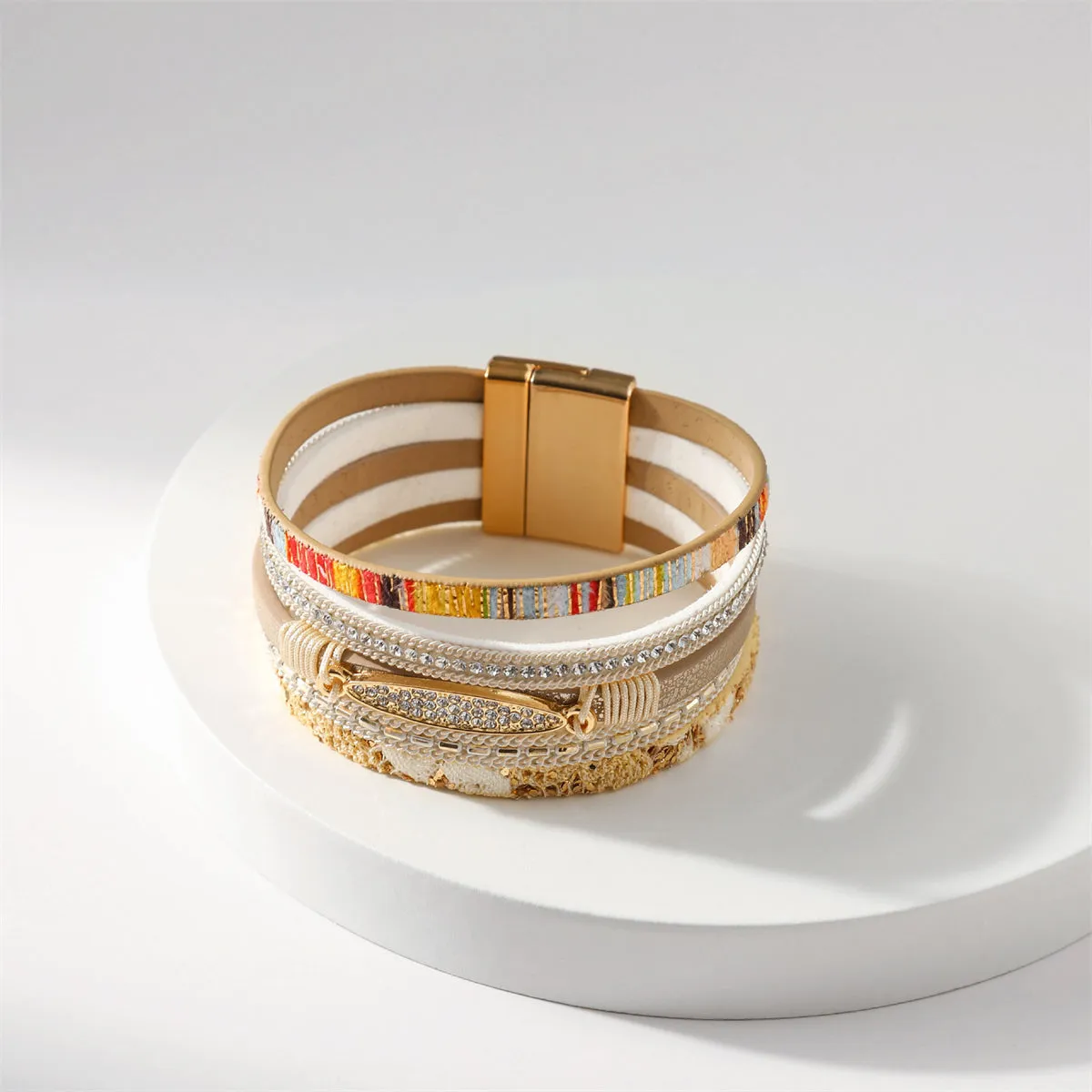 Beige Polystyrene & Cubic Zirconia 18K Gold-Plated Layered Bracelet