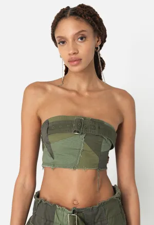 Belted Patchwork Tube Top / Olive