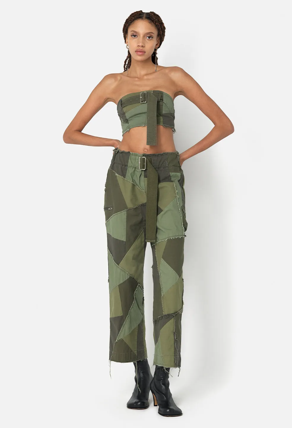 Belted Patchwork Tube Top / Olive