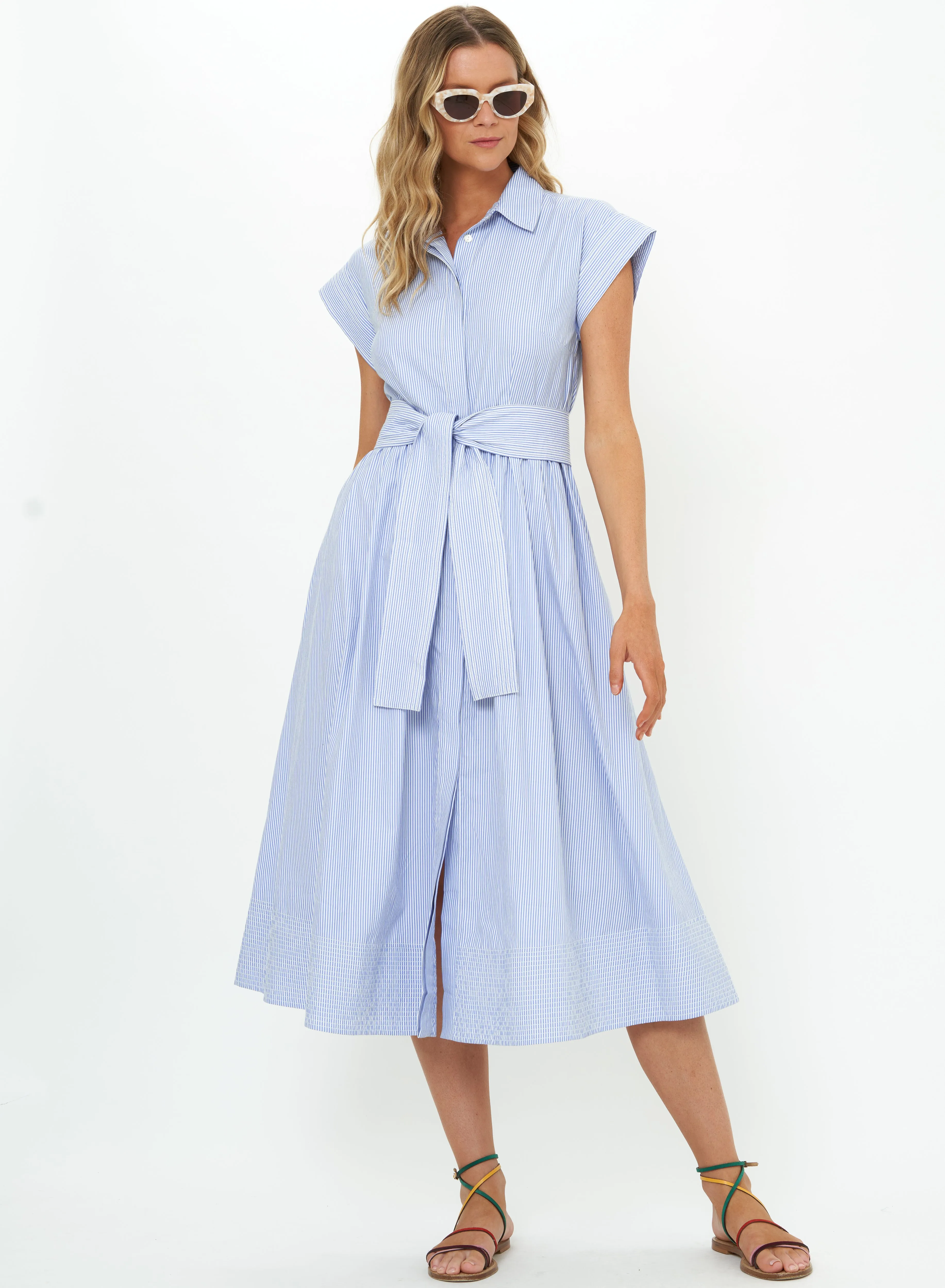 Belted Shirt Dress in Chatham Blue
