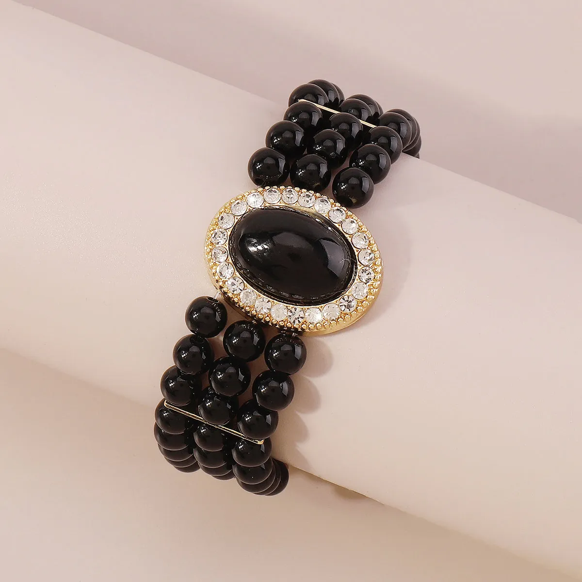 Black Cubic Zirconia & 18K Gold-Plated Oval Layered Bracelet