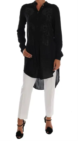 Black Floral Studded Long Shirt Blouse