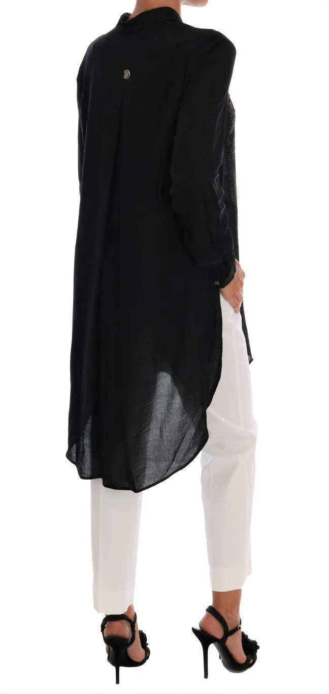 Black Floral Studded Long Shirt Blouse