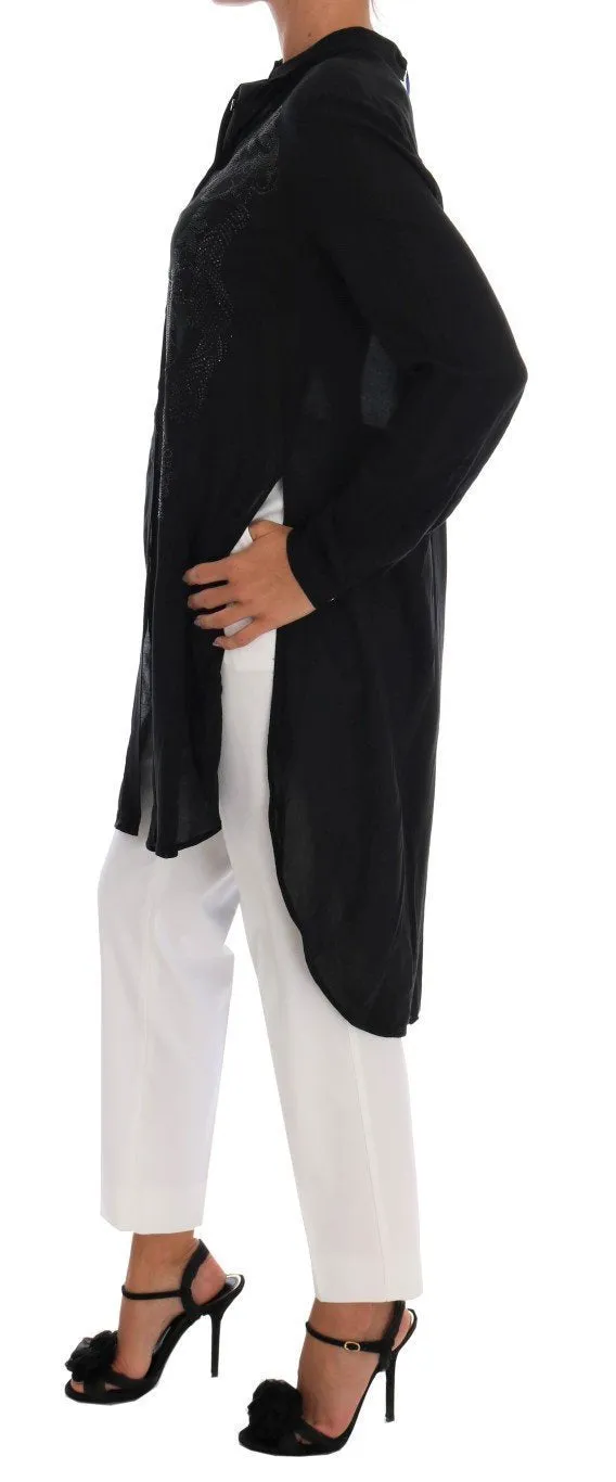 Black Floral Studded Long Shirt Blouse