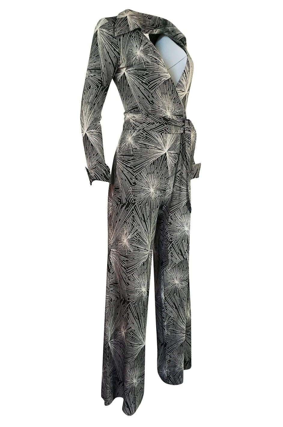 c.1976 Diane Von Furstenberg Starburst Print Plunge Wrap Jumpsuit