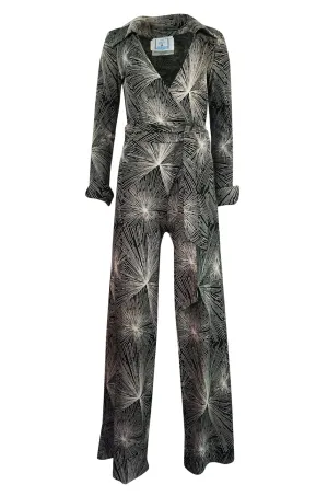 c.1976 Diane Von Furstenberg Starburst Print Plunge Wrap Jumpsuit