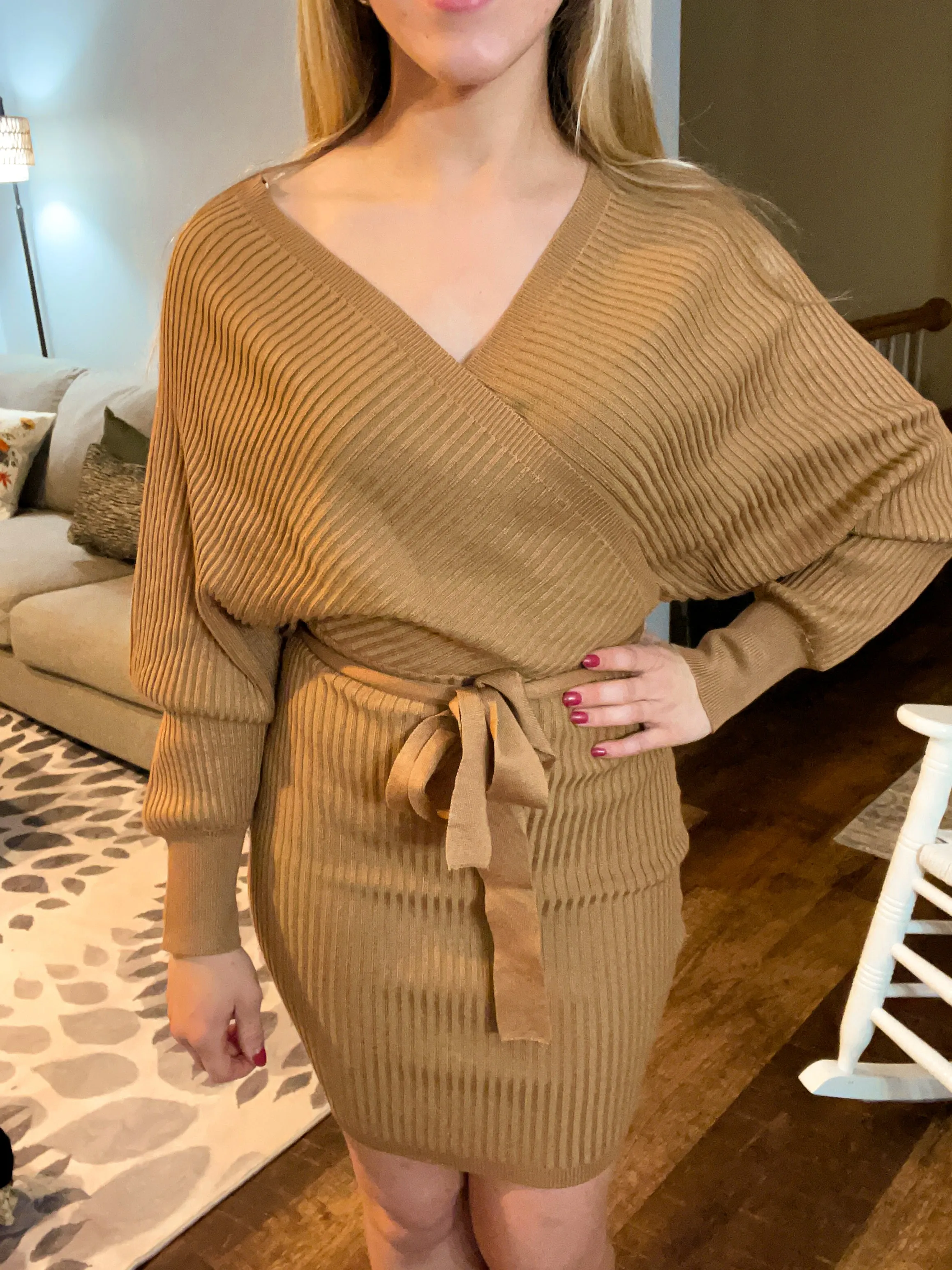 Camel Knit Wrap Dress