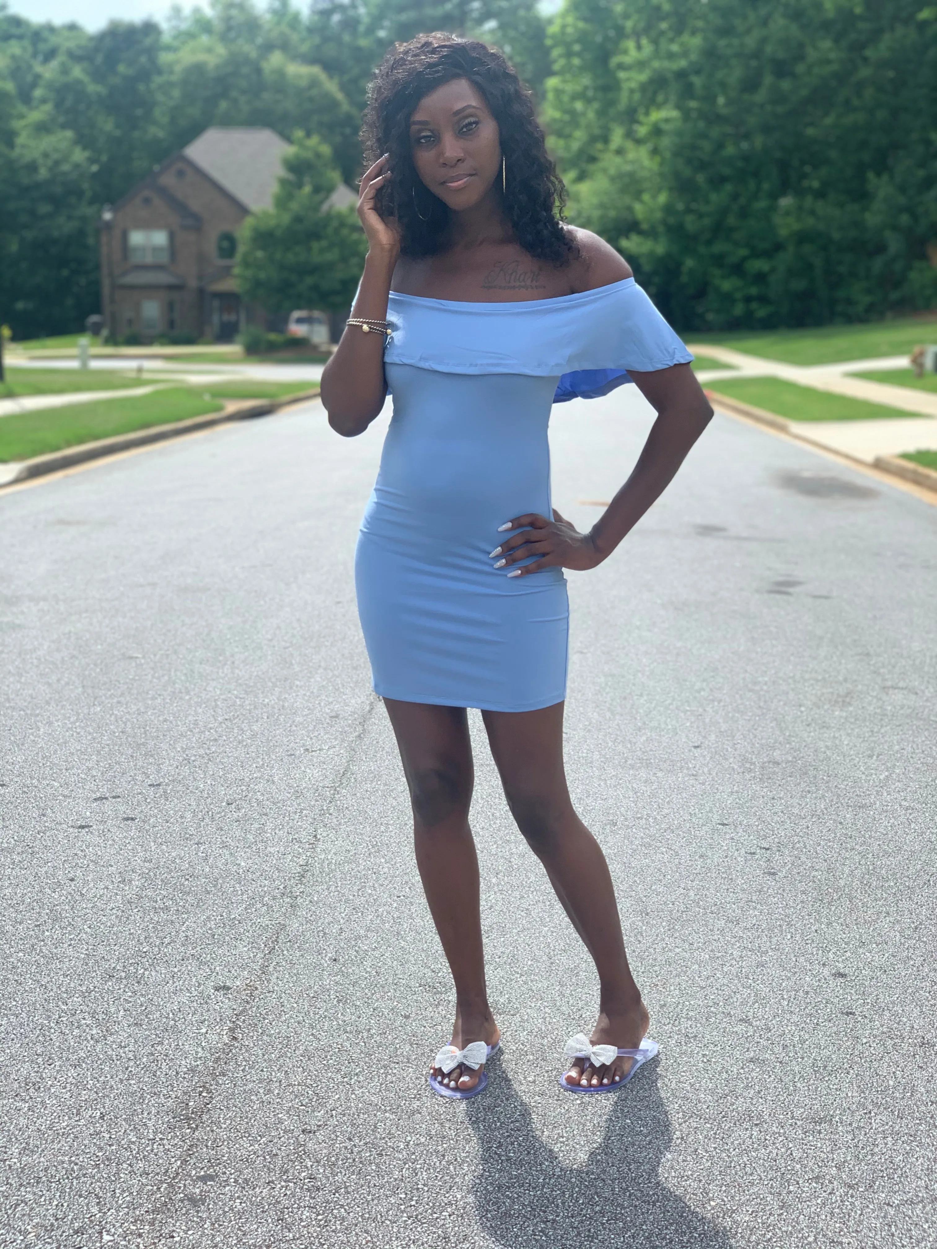 Cassie Off-Shoulder Dress | Spring Blue