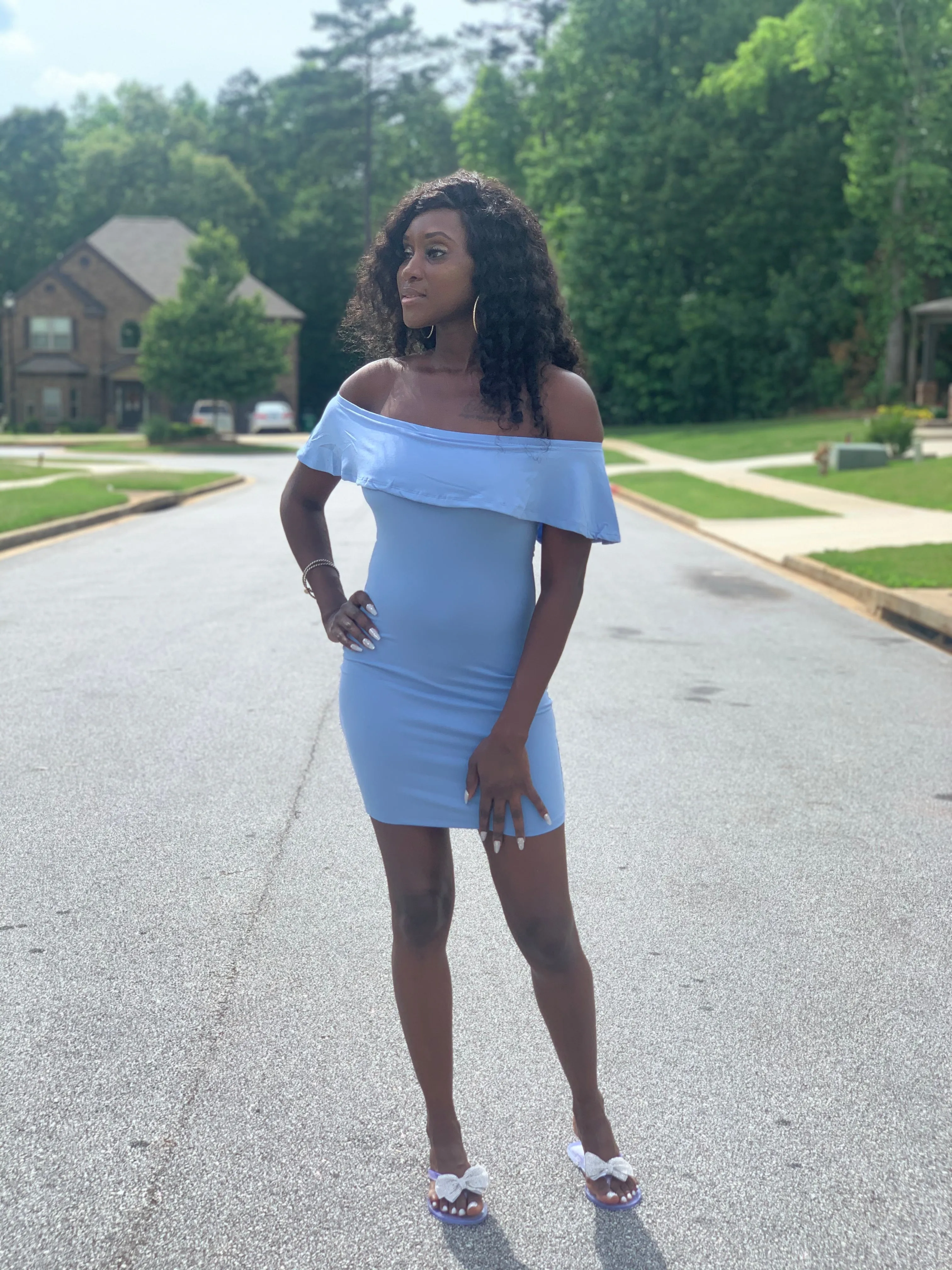 Cassie Off-Shoulder Dress | Spring Blue