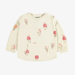 Chandail de coupe décontractée crème à motif de crèmes glacées en jersey matelassé, bébé || Cream sweatshirt with ice cream print in quilted jersey, baby