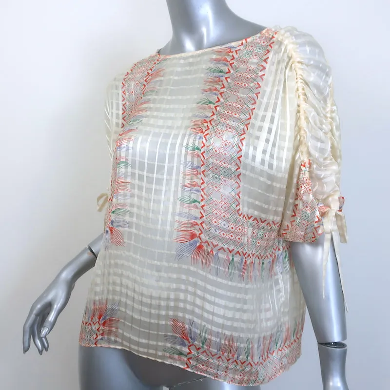 Chloe Ruched-Sleeve Blouse Ivory Printed Windowpane Check Silk Size 36