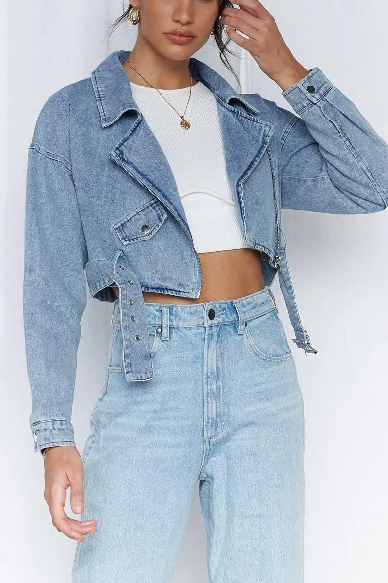 Chouyatou Women's Boyfriend Jean Shakcet Jacket Zipper Belted Moto Denim Blazer Jacket