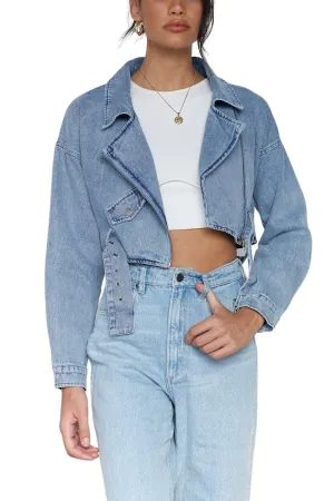 Chouyatou Women's Boyfriend Jean Shakcet Jacket Zipper Belted Moto Denim Blazer Jacket