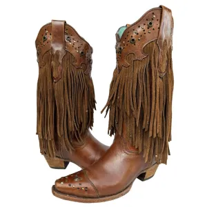 CORRAL Vintage Sierra Fringe Studded Brown Cowboy Boots