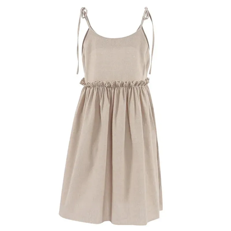 Cotton Linen Suspender Dress – Spring and Summer Women’s Beach Style Fake Casual Loose Soft Ruffled Edge A-Line Suspender Dress