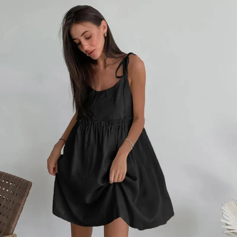 Cotton Linen Suspender Dress – Spring and Summer Women’s Beach Style Fake Casual Loose Soft Ruffled Edge A-Line Suspender Dress