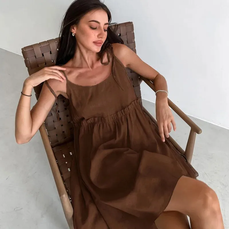 Cotton Linen Suspender Dress – Spring and Summer Women’s Beach Style Fake Casual Loose Soft Ruffled Edge A-Line Suspender Dress