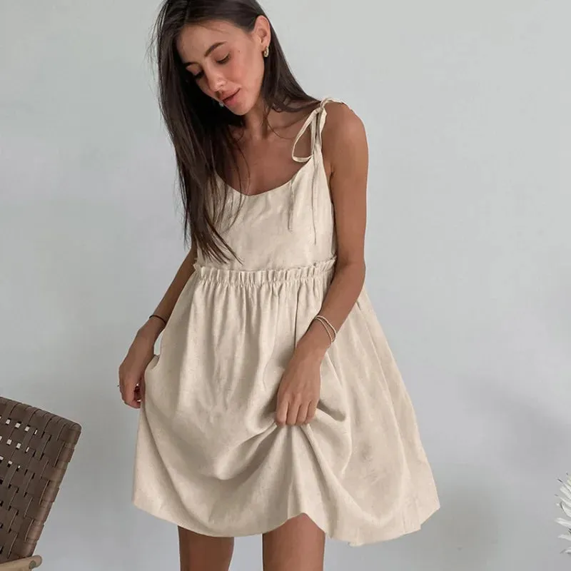 Cotton Linen Suspender Dress – Spring and Summer Women’s Beach Style Fake Casual Loose Soft Ruffled Edge A-Line Suspender Dress