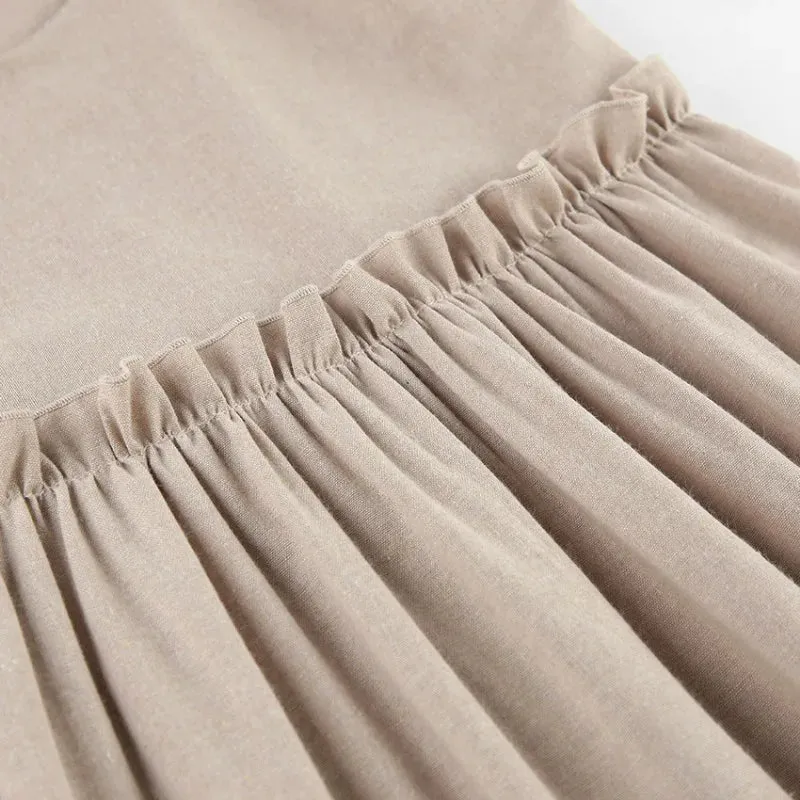 Cotton Linen Suspender Dress – Spring and Summer Women’s Beach Style Fake Casual Loose Soft Ruffled Edge A-Line Suspender Dress