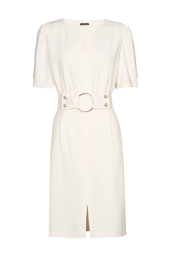 CREAM BELTED FITTED DRESS