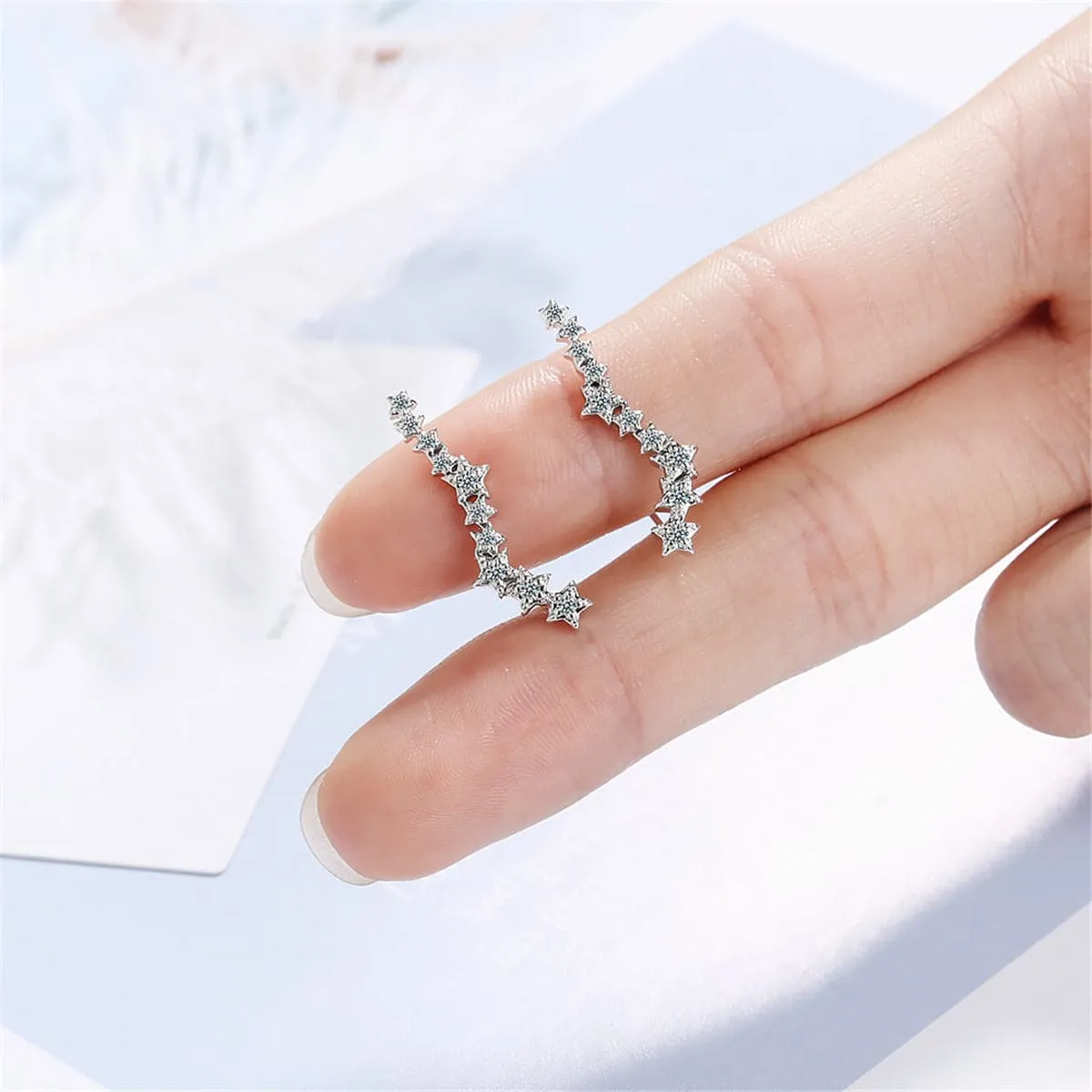 Cubic Zirconia & Silver-Plated Linking Star Ear Climbers