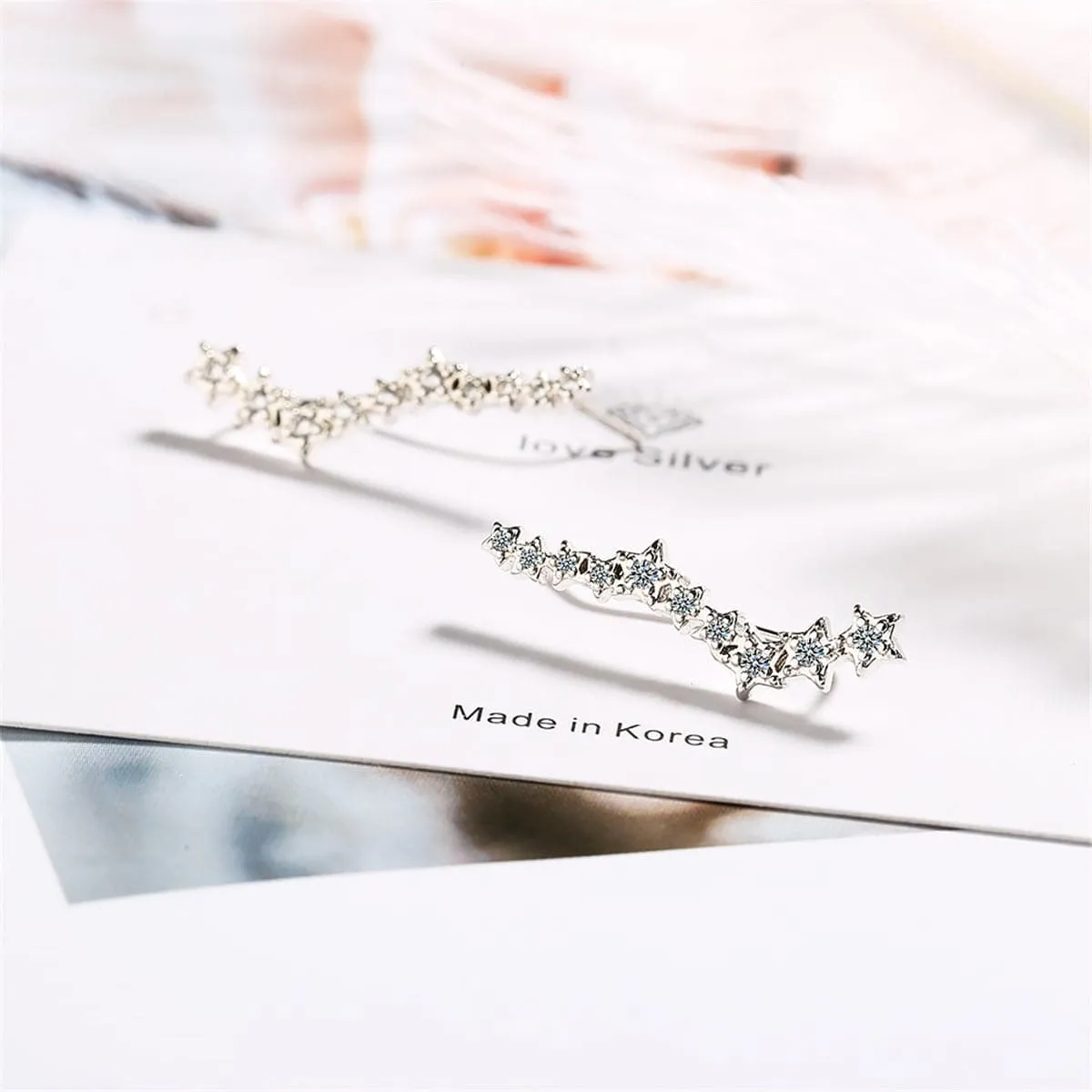 Cubic Zirconia & Silver-Plated Linking Star Ear Climbers
