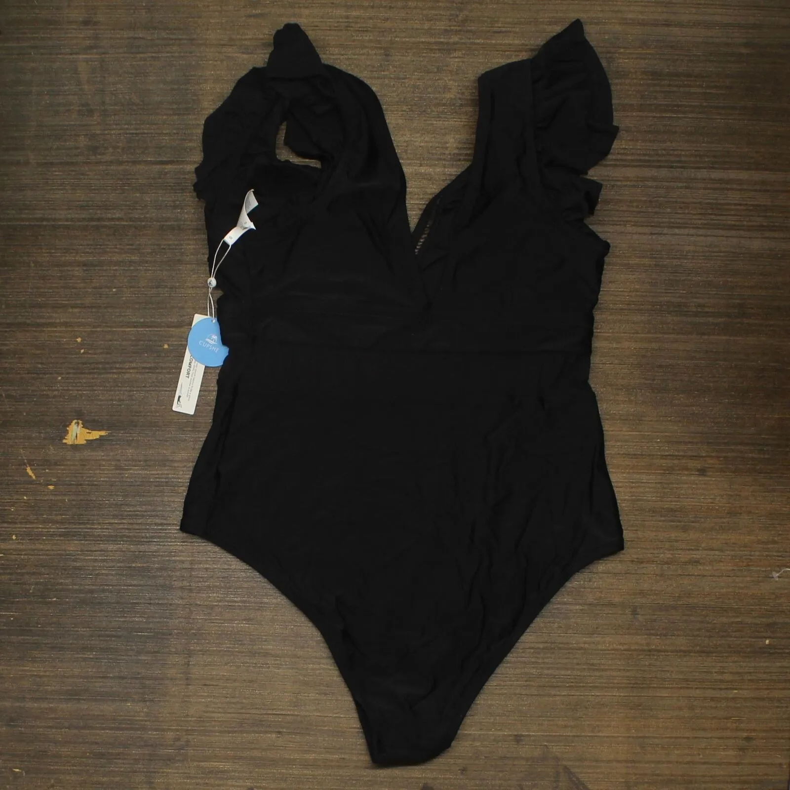 Cupshe Women's Plus Size One Piece Ruffle Plunge V Neck Bathing Suit Black 0X