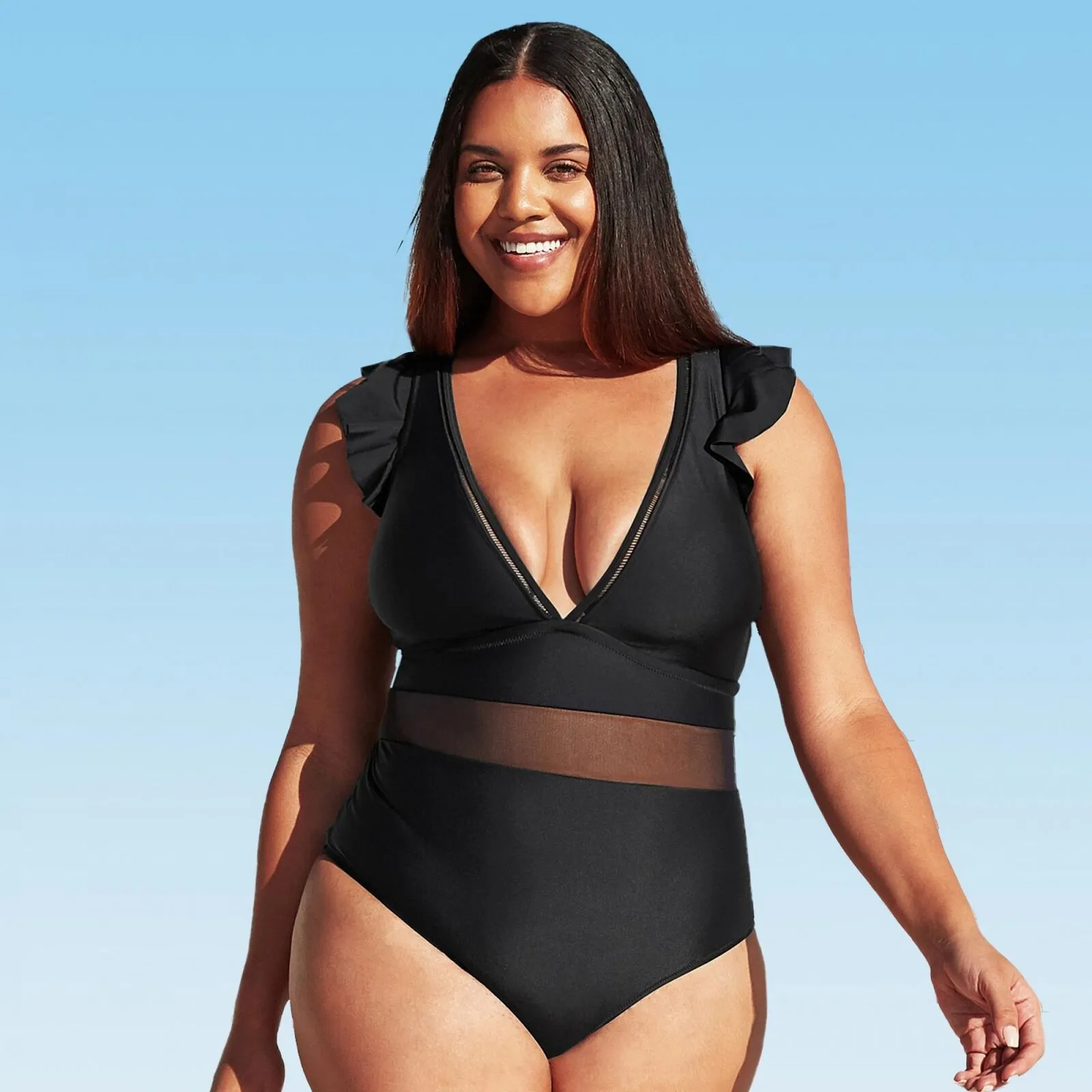 Cupshe Women's Plus Size One Piece Ruffle Plunge V Neck Bathing Suit Black 0X