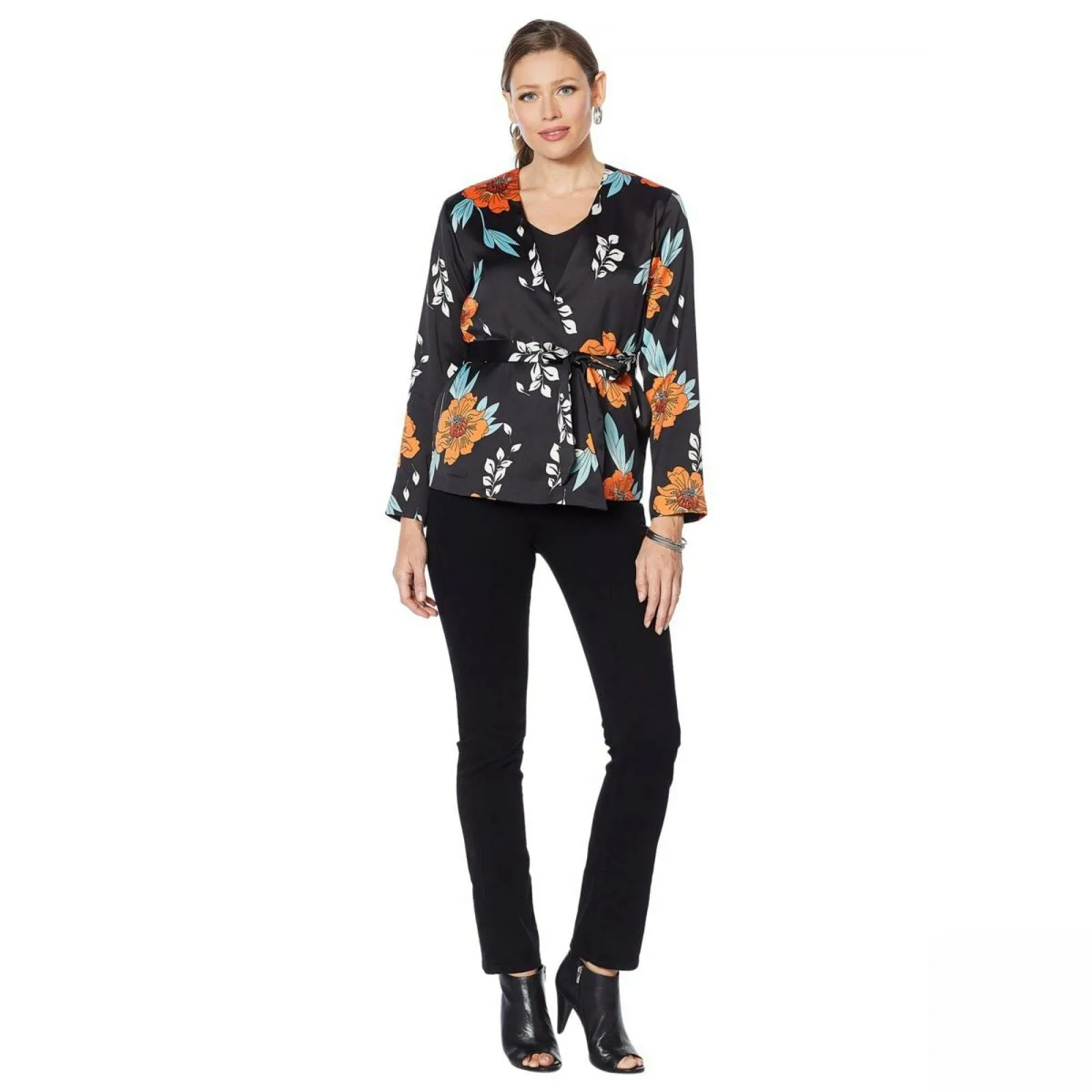 Curations Women's Belted Woven Printed Kimono Topper
