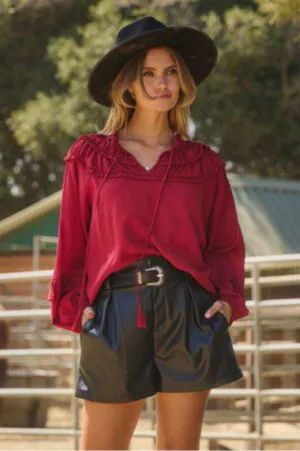 Curvy Red LS Blouse with Tassel Trim