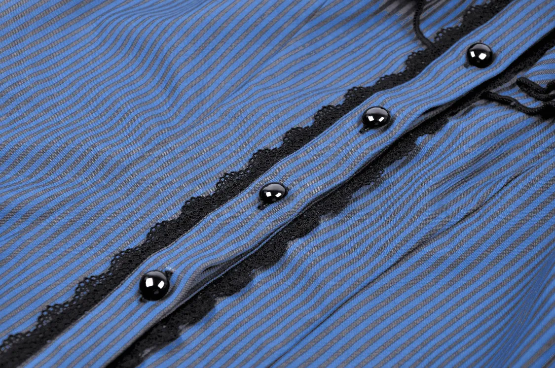 Dark Gothic Frilly Collar Striped Blouse With Black Lace Trim