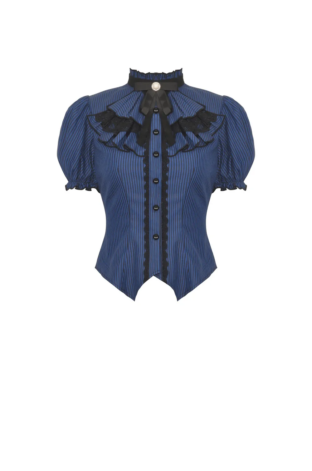 Dark Gothic Frilly Collar Striped Blouse With Black Lace Trim