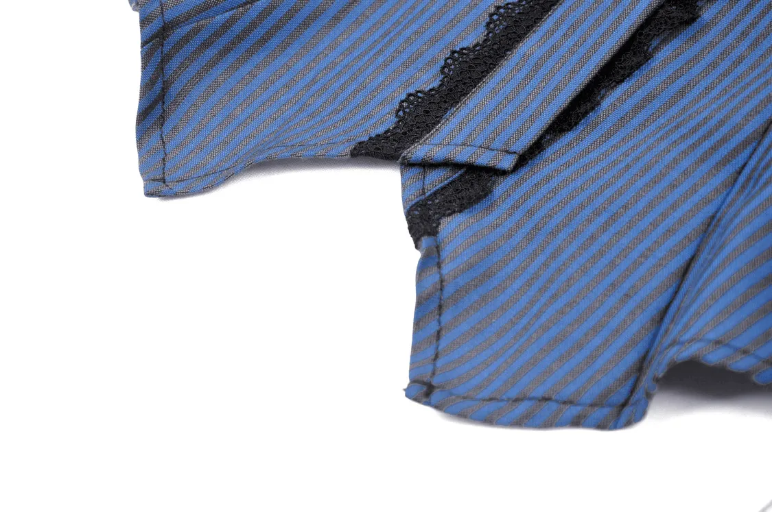 Dark Gothic Frilly Collar Striped Blouse With Black Lace Trim