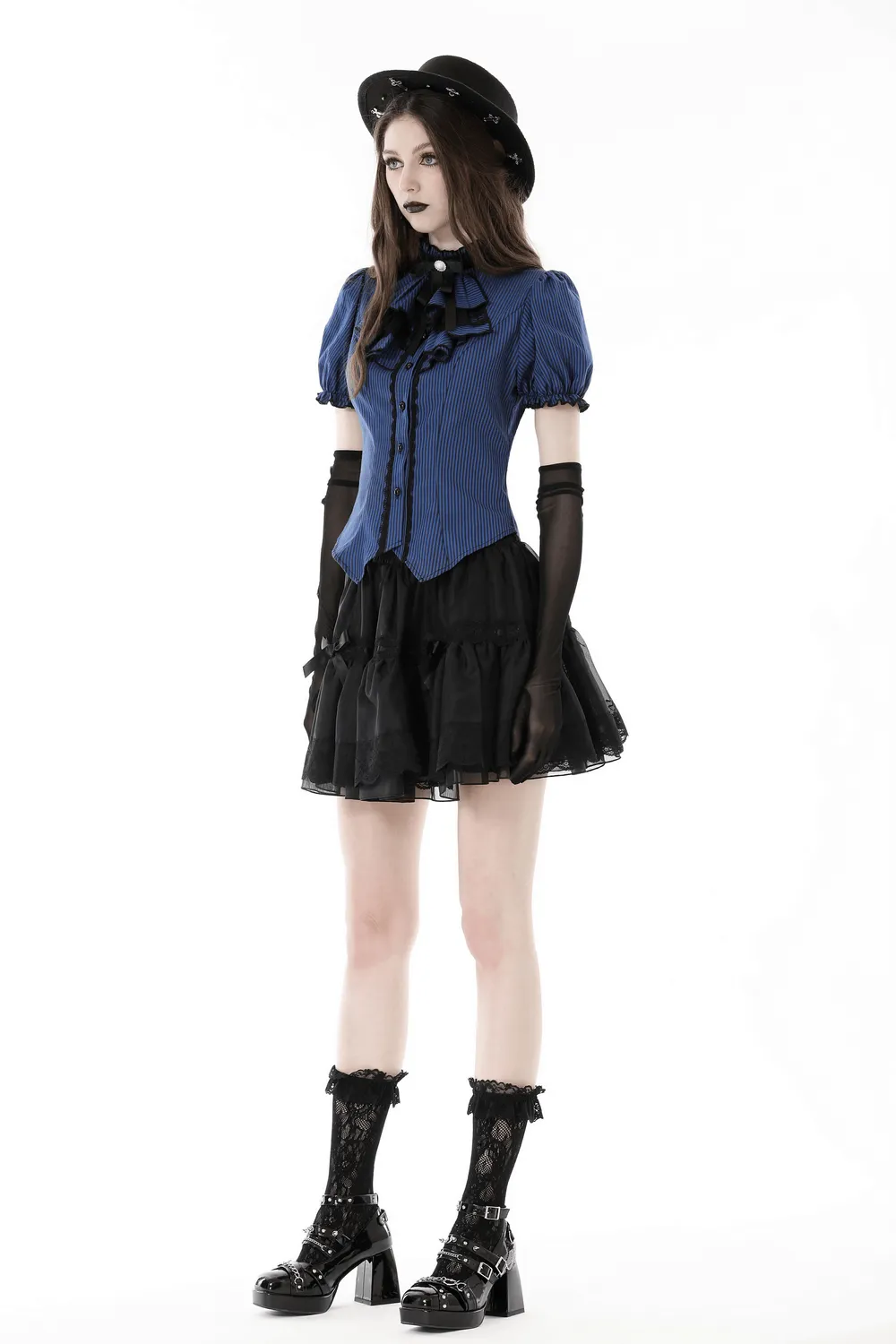 Dark Gothic Frilly Collar Striped Blouse With Black Lace Trim