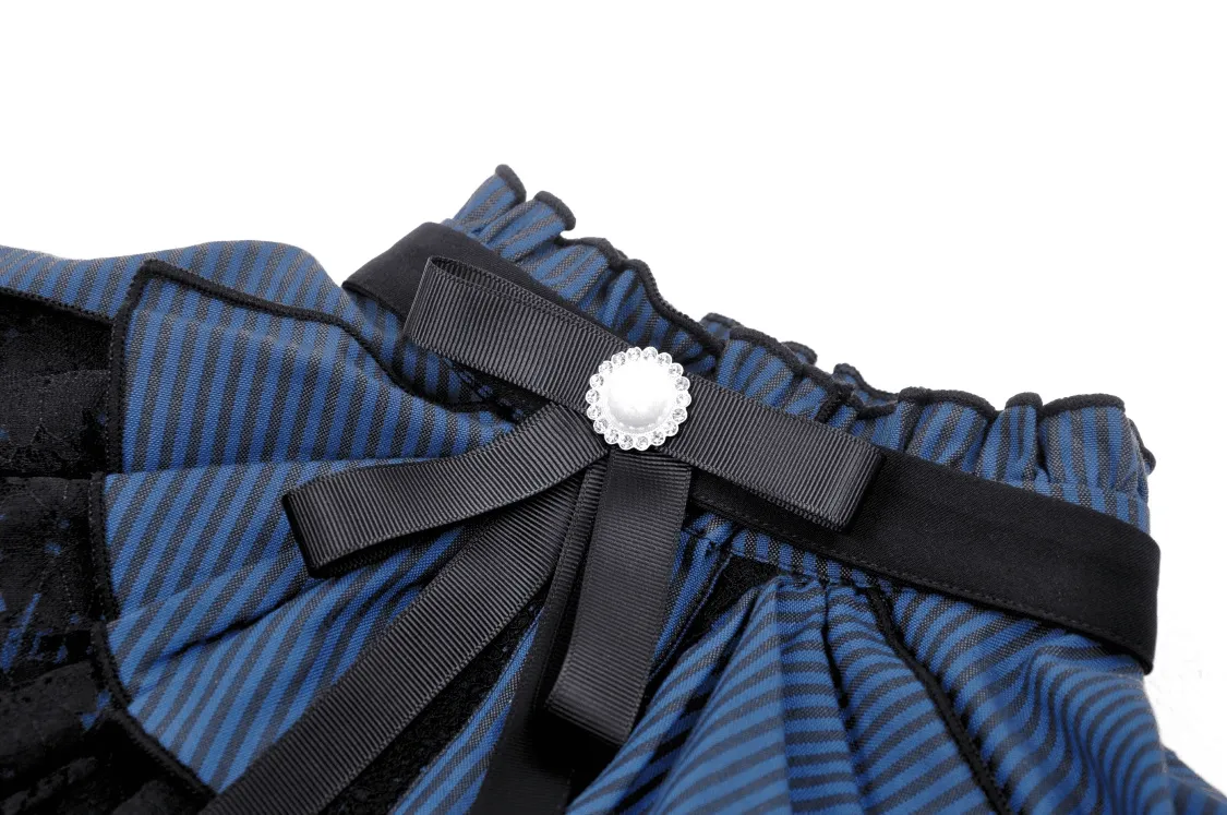 Dark Gothic Frilly Collar Striped Blouse With Black Lace Trim