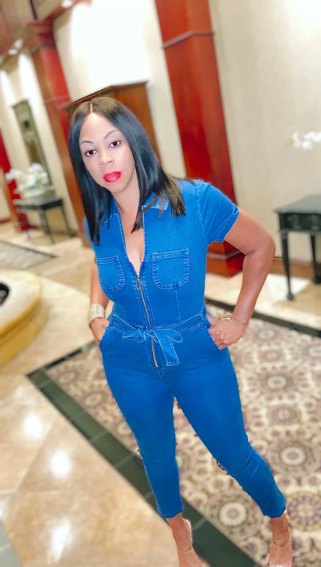 Denim Front Zip Waist Belted Catsuit