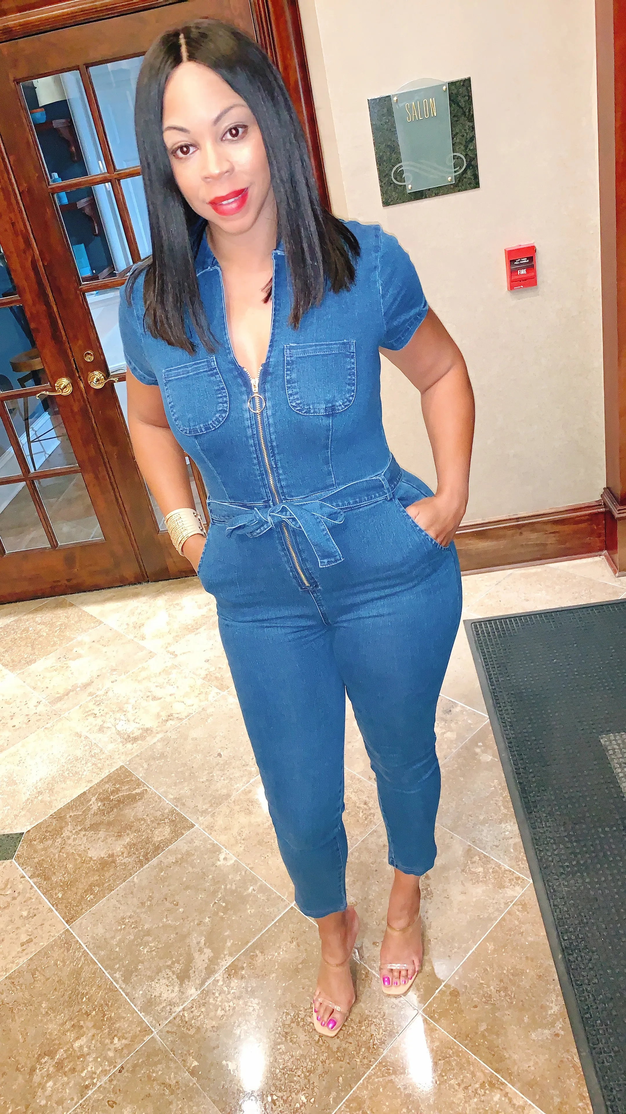 Denim Front Zip Waist Belted Catsuit