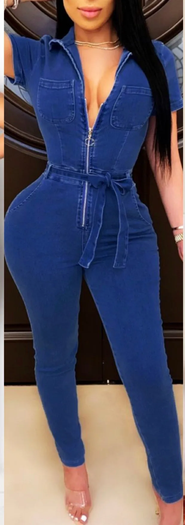 Denim Front Zip Waist Belted Catsuit