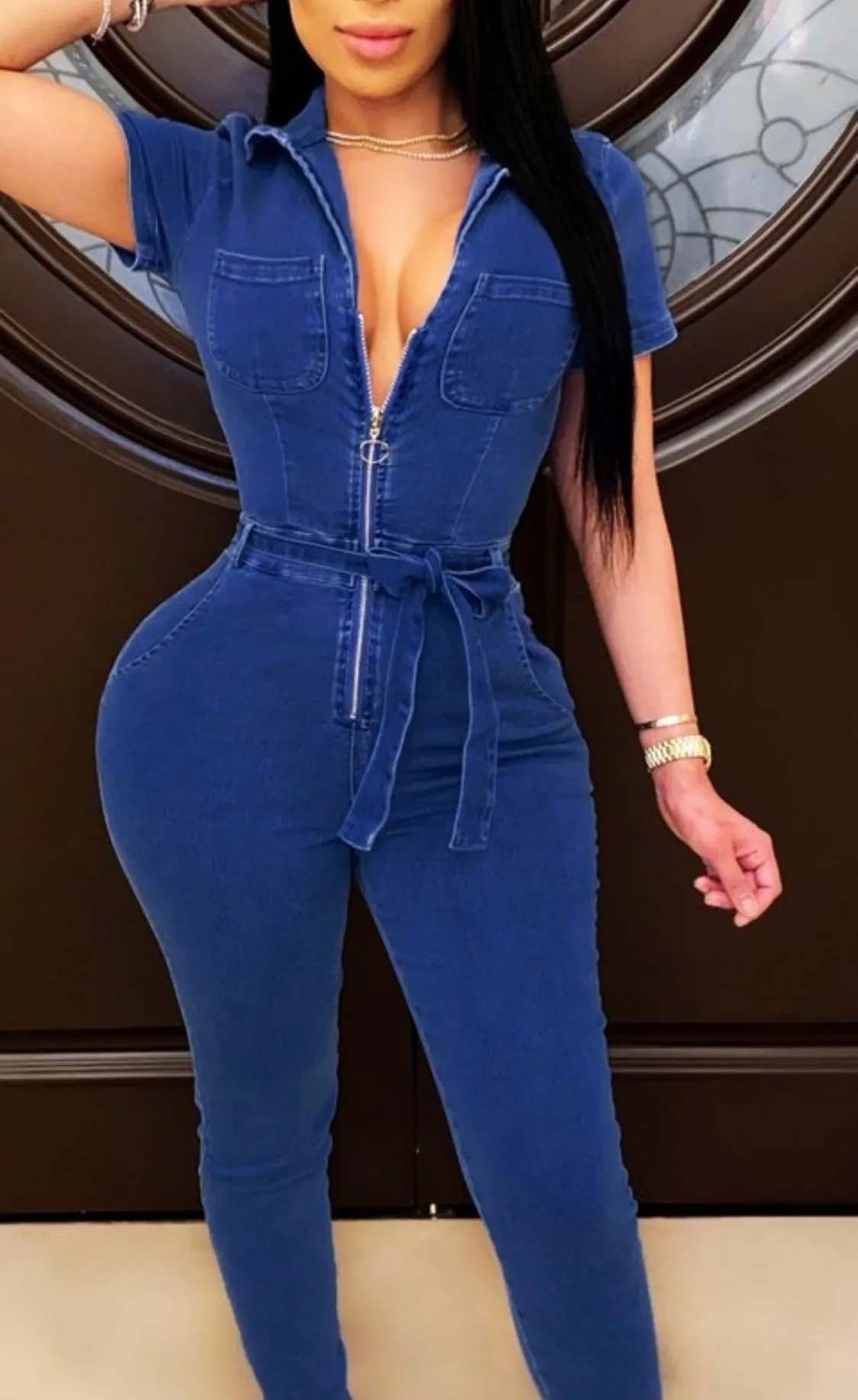 Denim Front Zip Waist Belted Catsuit