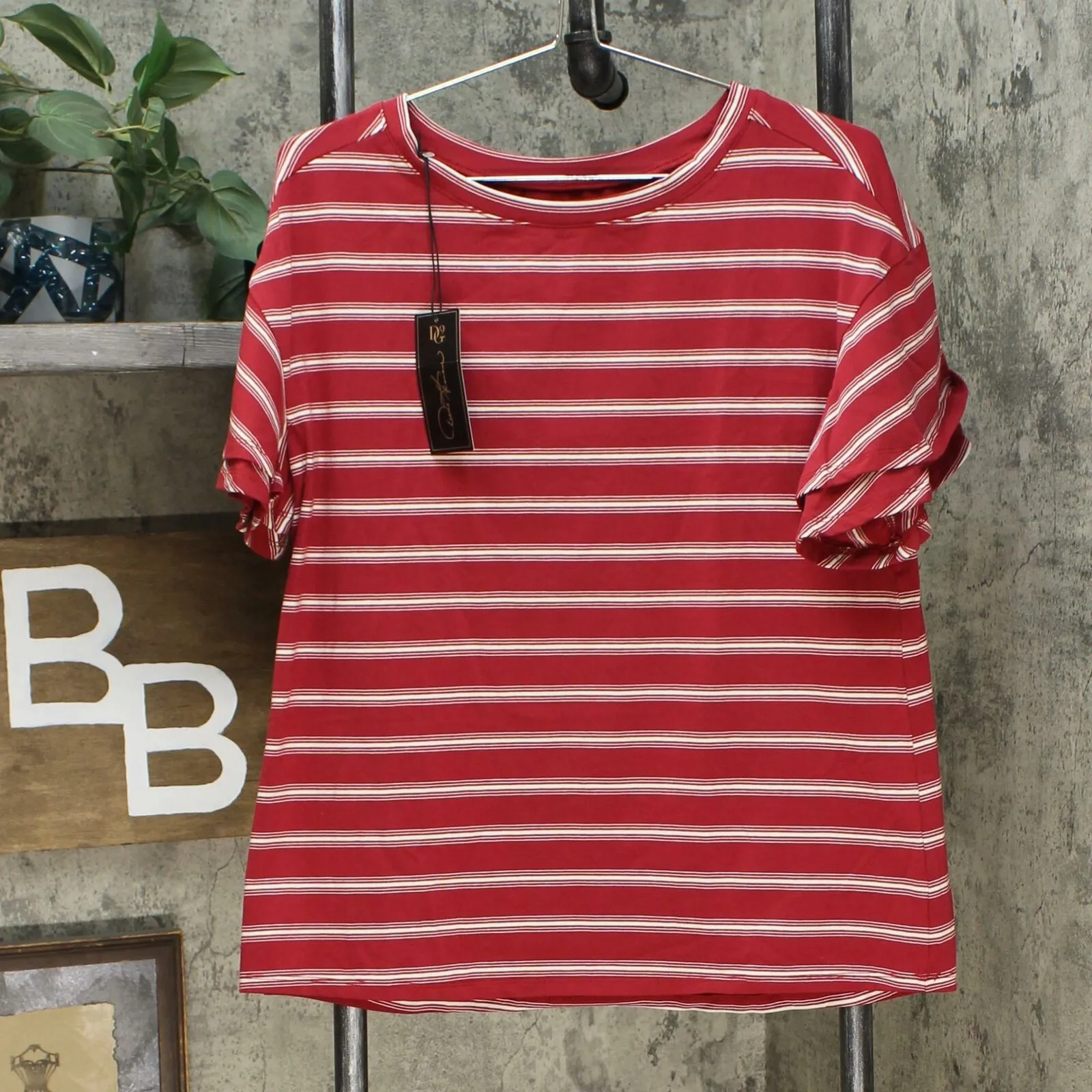 DG2 by Diane Gilman Women's Striped Ruffle Sleeve T-Shirt