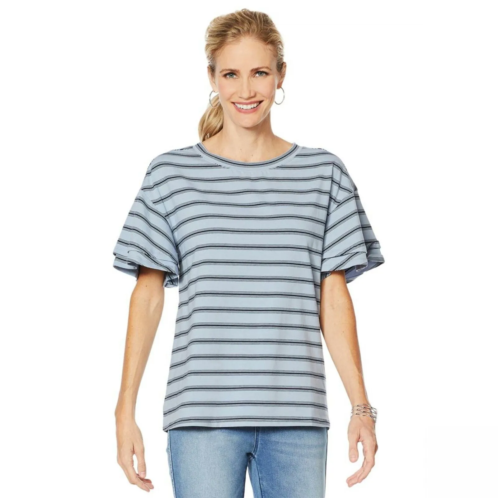 DG2 by Diane Gilman Women's Striped Ruffle Sleeve T-Shirt