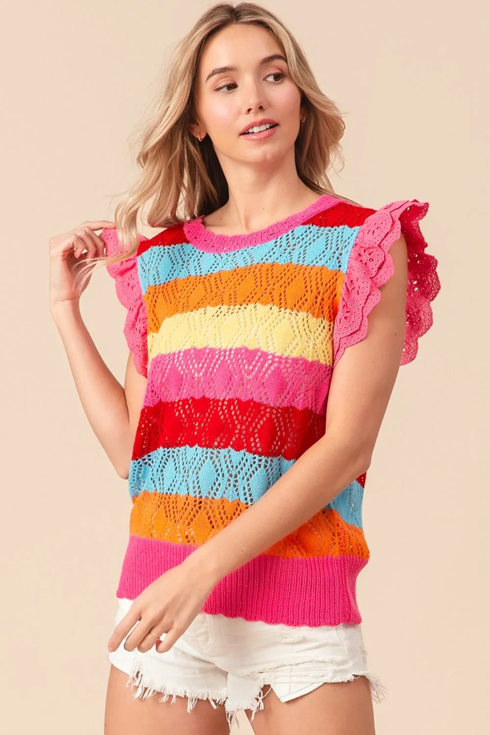 Dina Pointelle Striped Ruffled Knit Top