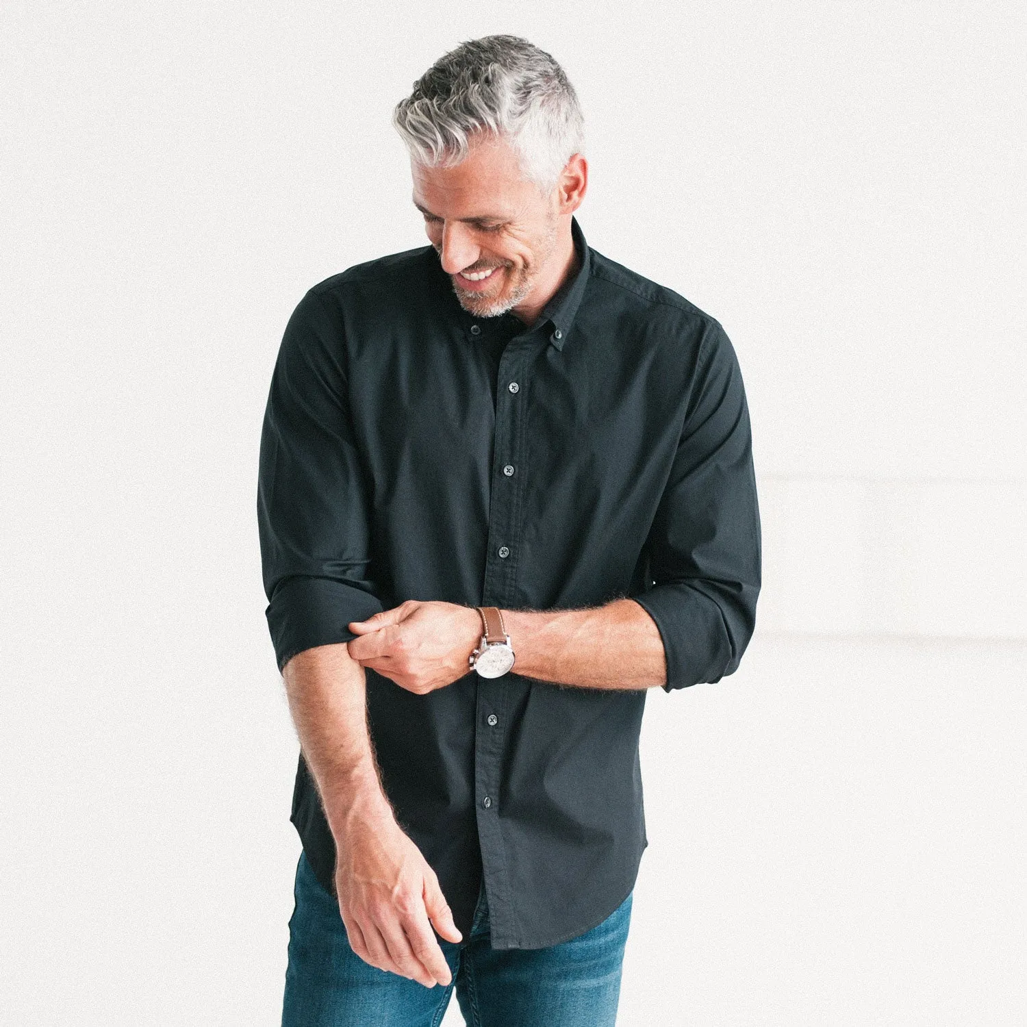 Essential Button Down Collar Casual Shirt - Jet Black Stretch Cotton Poplin