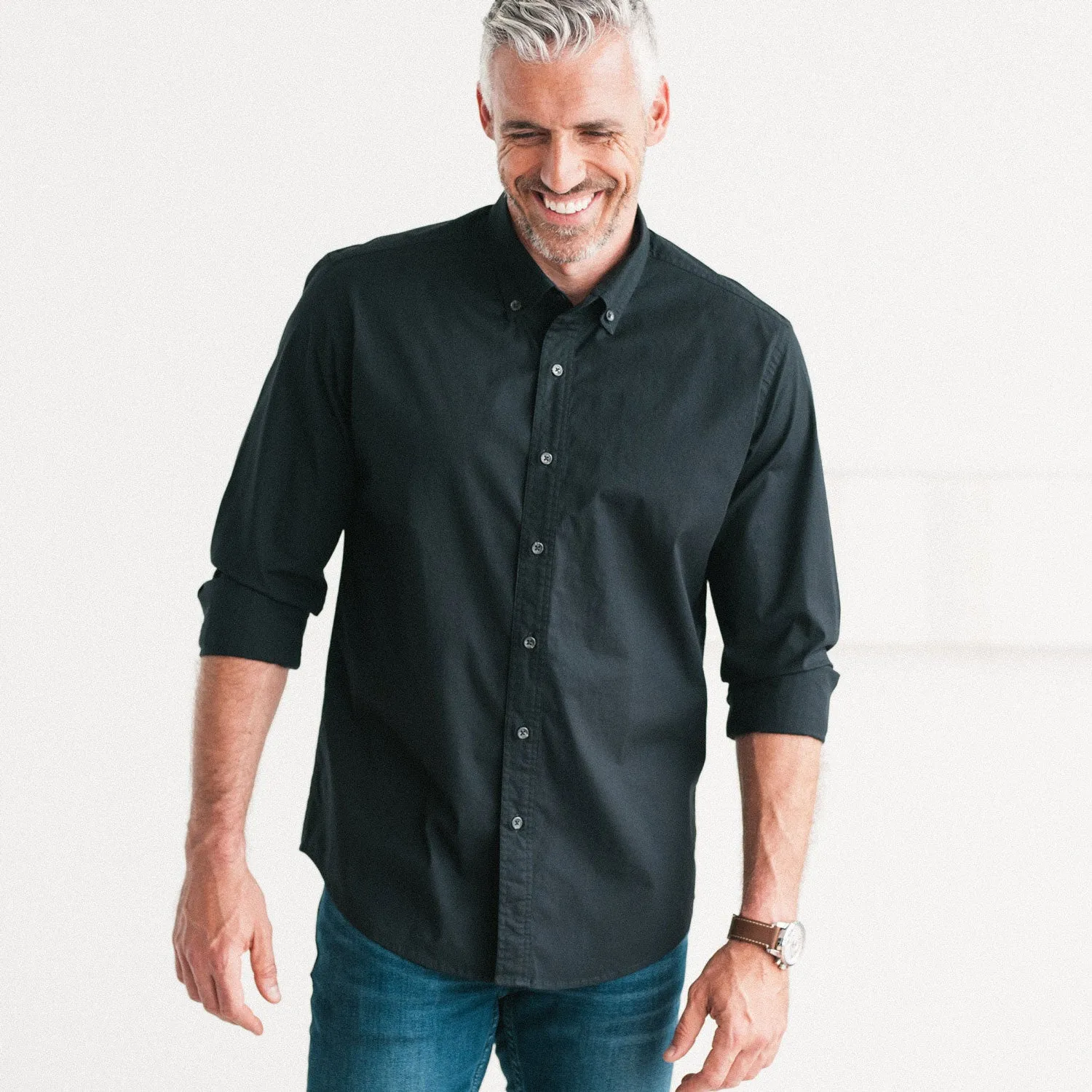 Essential Button Down Collar Casual Shirt - Jet Black Stretch Cotton Poplin