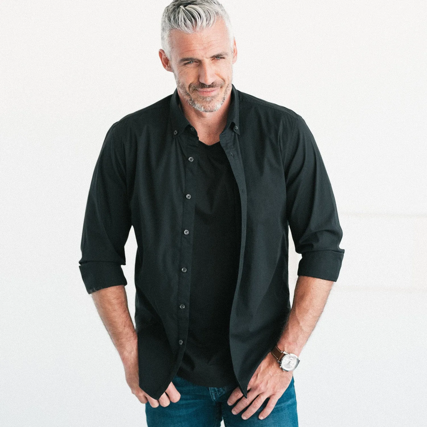 Essential Button Down Collar Casual Shirt - Jet Black Stretch Cotton Poplin