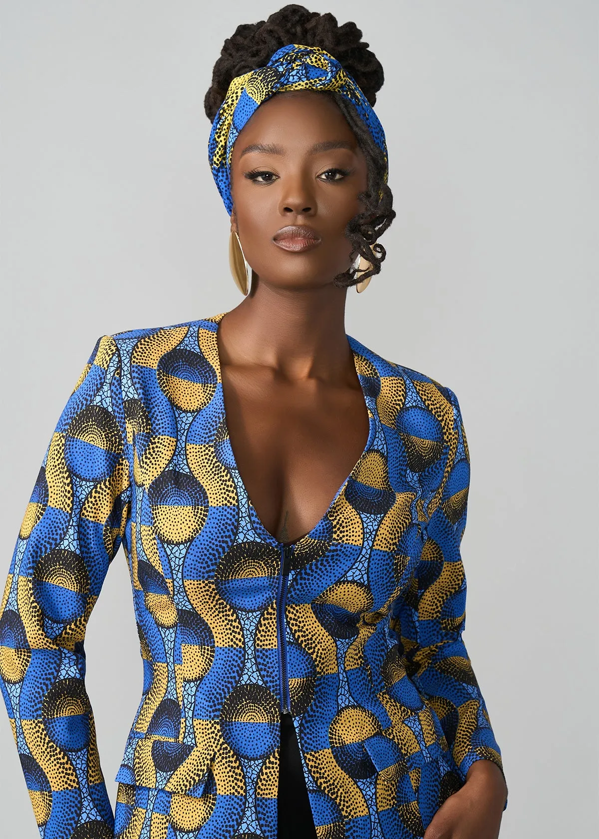 Fafa Women's African Print Stretch Zip-Up Blazer (Blue Gold Circles)